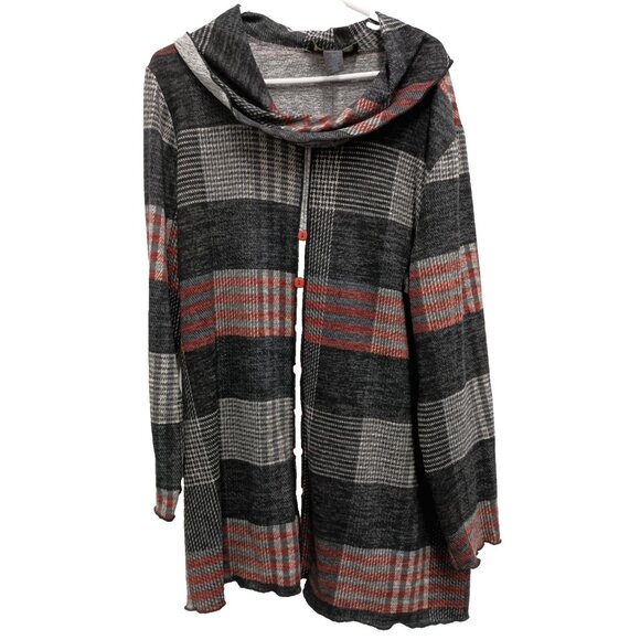 Pure Essence Womens Lagenlook Tunic Top XL Gray Red Plaid Soft Knit Cowl Neck - Picture 1 of 9